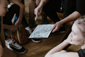 A basketball team in a huddle