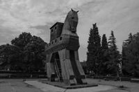 Black and white photography of a wooden Trojan Horse